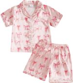 MAHUAOYIXI Toddler Kids Girls Summer Satin Pajamas Outfits Short Sleeve Watermelon Print Lapel Button Down Shirts Top with Elastic Waist Shorts Sets 2Pcs Sleepwear