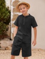 JiAmy Boys Clothing 2 Piece Set, Henley Collar Short Sleeves Tops with Shorts Kit, Summer Casual Cotton Kids Coordinating Outfits for 5-14 Years - Image 3