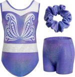 JiAmy Gymnastics Leotards for Girls with Shorts Scrunchie Rhinestones Printed Splice Flocking Shiny Kids Gymnastics Outfits for 3-12 Years
