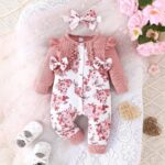 Similotey Baby Girl Romper Floral Print with Bow Long Sleeve Baby Girl One Piece Outfit - Image 6