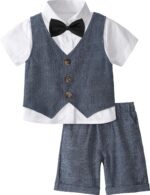 Baby Boys 3 Pieces Outfit Gentleman Suit Set, Shirt & Bowtie & Waistcoat & Shorts, Size:1-6 Years