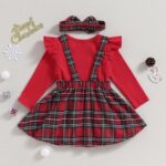 Toddler Baby Girls Christmas Outfit Long Sleeve Romper Elk Embroidery Plaid A-Line Skirt Headband Set Winter Clothes - Image 3