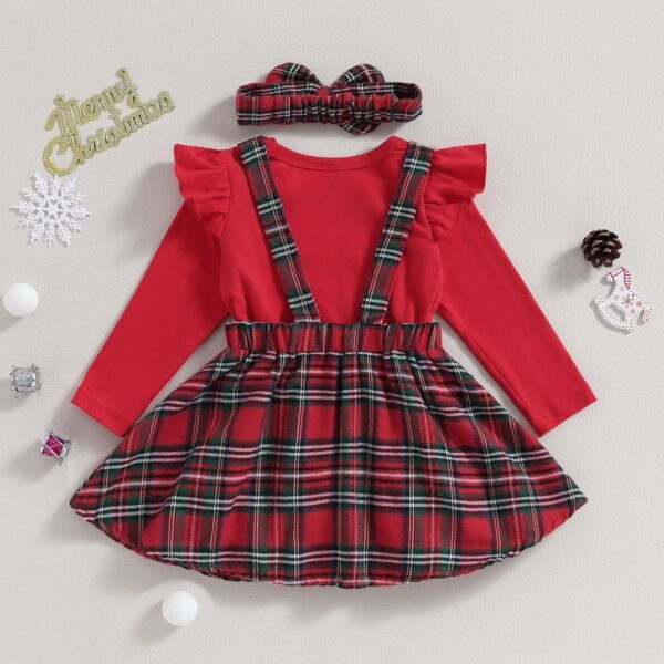 Toddler Baby Girls Christmas Outfit Long Sleeve Romper Elk Embroidery Plaid A-Line Skirt Headband Set Winter Clothes - Image 3