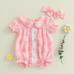 Baby Girl Romper Outfit Bow Print Cute Doll Collar with Headband Summer Newborn Clothes for Baby Girls 0-18 Months - Image 2