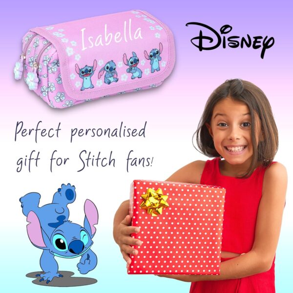 Disney Stitch Personalised Pencil Case, Purple Cute Personalised School Pencil case for Girls, 2 Large Compartments Stationery Pouch - Image 6