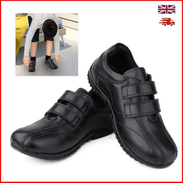 Boys Girls School Shoes Black Leather Easy Touch Fasten Shoes for Kids - Image 3
