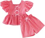 ZZLBUF Toddler Baby Girls Clothes Tie-up Puff Sleeve Plaid Shirt Tops Pants Shorts 2Pcs Outfits Cute Summer Short Set