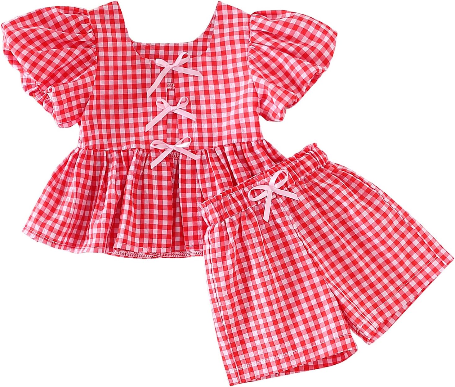 81IQhfrScpL._AC_SL1500_.jpg ZZLBUF Toddler Baby Girls Clothes Tie-up Puff Sleeve Plaid Shirt Tops Pants Shorts 2Pcs Outfits Cute Summer Short Set - Image 1
