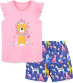 Toddler Girls Summer Short Outfits Clothes Set Kids Unicorn Bunny Animal Print Short Sleeve Cotton T-Shirt Dresses Tops and Shorts 2 Piece Crewneck Sleeveless Clothing Set Age 1-7 Years Old