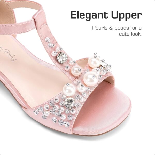 DREAM PAIRS Girls Sandals Ankle Strap T-Strap Low Heel Pearl Bow Flower Pump Dress Wedding Party Shoes for Little Kid/Big Kid - Image 3