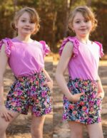 Arshiner Clothing Sets Girls Summer Solid Color T-Shirt with Shorts Outfit Children Cotton Ruffle Sleeve Clothing Set Leisure Fashion Two Piece Girl Clothes with Pocket 6-14 Years - Image 5