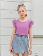 Arshiner Clothing Sets Girls Summer Solid Color T-Shirt with Shorts Outfit Children Cotton Ruffle Sleeve Clothing Set Leisure Fashion Two Piece Girl Clothes with Pocket 6-14 Years - Image 4