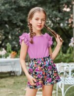 Arshiner Clothing Sets Girls Summer Solid Color T-Shirt with Shorts Outfit Children Cotton Ruffle Sleeve Clothing Set Leisure Fashion Two Piece Girl Clothes with Pocket 6-14 Years - Image 2