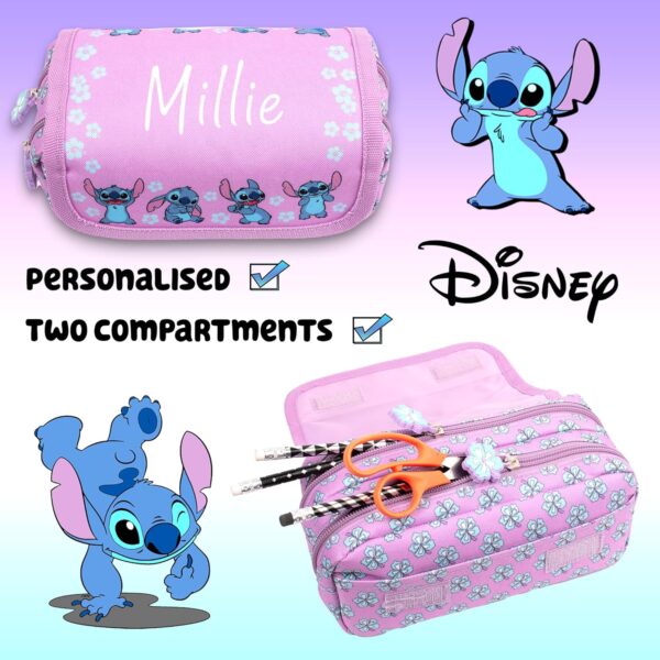 Disney Stitch Personalised Pencil Case, Purple Cute Personalised School Pencil case for Girls, 2 Large Compartments Stationery Pouch - Image 5
