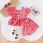ZZLBUF Toddler Baby Girls Clothes Tie-up Puff Sleeve Plaid Shirt Tops Pants Shorts 2Pcs Outfits Cute Summer Short Set - Image 2