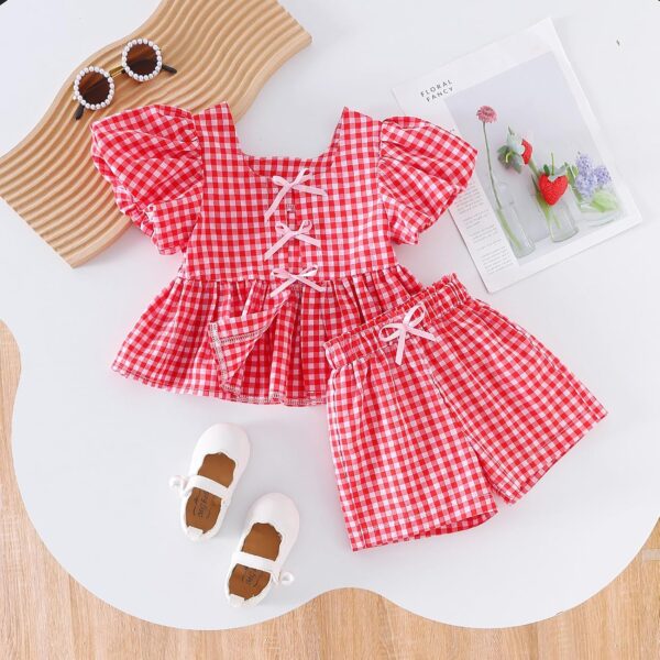 ZZLBUF Toddler Baby Girls Clothes Tie-up Puff Sleeve Plaid Shirt Tops Pants Shorts 2Pcs Outfits Cute Summer Short Set - Image 2