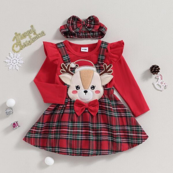 Toddler Baby Girls Christmas Outfit Long Sleeve Romper Elk Embroidery Plaid A-Line Skirt Headband Set Winter Clothes - Image 2