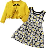 Naiyafly Baby Girl Dress With Cardigan Clothes Set Toddler Girls Long Sleeve Bow Button Cardigan + Sundress Suit Kids Knitted Cropped Sweaters Tops Dress 2 Piece Outfits 1-5 Years