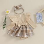 Infant Baby Girls 2Pcs Dress Outfits Ruffle Long Sleeve Plaid Print Skirt Romper with Headband Set Cute Fall Short Skirt Set - Image 3