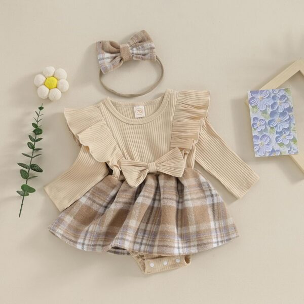 Infant Baby Girls 2Pcs Dress Outfits Ruffle Long Sleeve Plaid Print Skirt Romper with Headband Set Cute Fall Short Skirt Set - Image 3