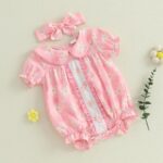 Baby Girl Romper Outfit Bow Print Cute Doll Collar with Headband Summer Newborn Clothes for Baby Girls 0-18 Months - Image 3