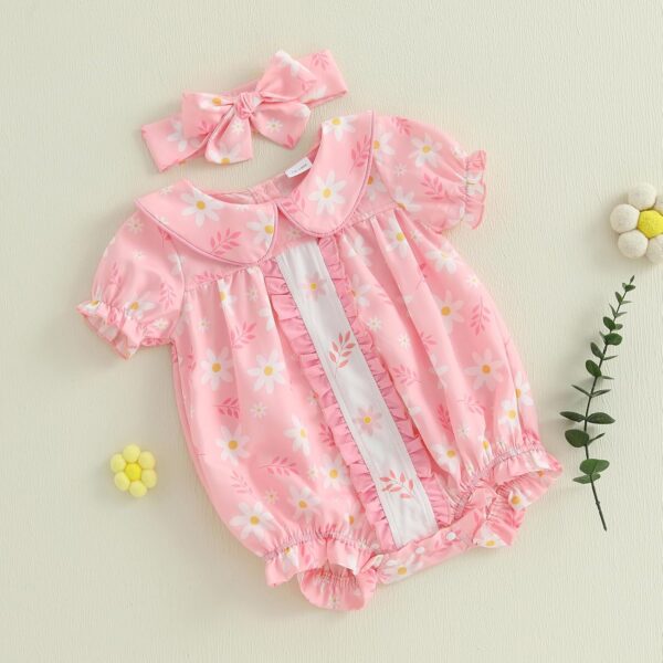 Baby Girl Romper Outfit Bow Print Cute Doll Collar with Headband Summer Newborn Clothes for Baby Girls 0-18 Months - Image 3