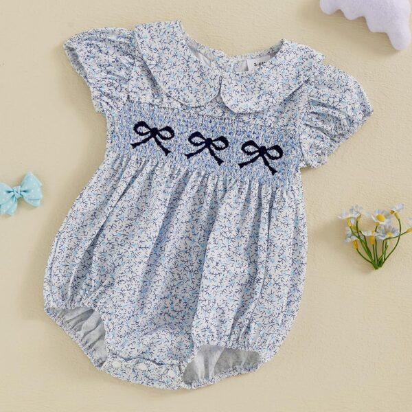 Infant Baby Girls Romper Bowknot Embroidered Floral Doll Collar Short Sleeve Jumpsuits Summer Clothes - Image 3