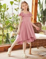 Arshiner Girls Summer Dress Off Shoulder Children's Dress Ruffle Sleeves Elegant Strap Dress Children A Line Swing Dress High Low Dress Casual Dresses with Pocket 4-13Years - Image 5