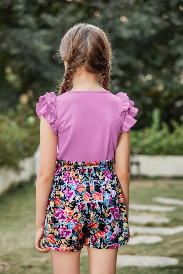 Arshiner Clothing Sets Girls Summer Solid Color T-Shirt with Shorts Outfit Children Cotton Ruffle Sleeve Clothing Set Leisure Fashion Two Piece Girl Clothes with Pocket 6-14 Years - Image 3