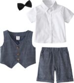 Baby Boys 3 Pieces Outfit Gentleman Suit Set, Shirt & Bowtie & Waistcoat & Shorts, Size:1-6 Years - Image 4