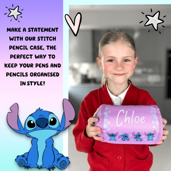 Disney Stitch Personalised Pencil Case, Purple Cute Personalised School Pencil case for Girls, 2 Large Compartments Stationery Pouch - Image 3