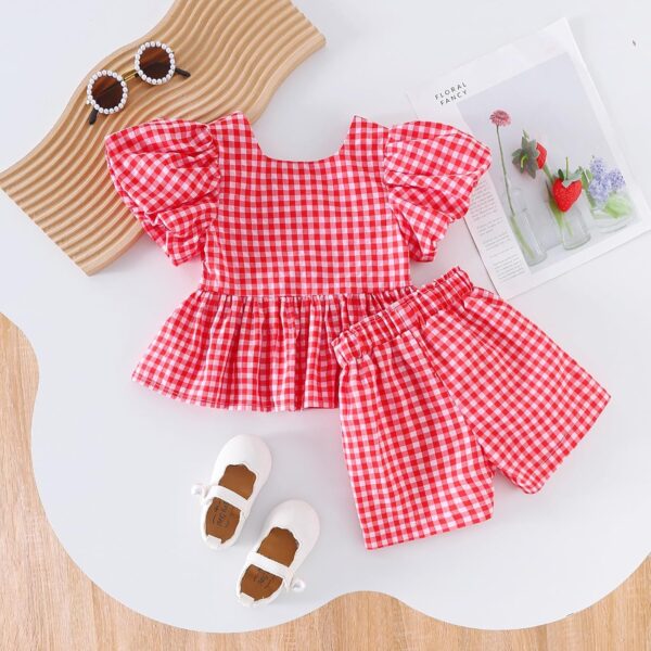 ZZLBUF Toddler Baby Girls Clothes Tie-up Puff Sleeve Plaid Shirt Tops Pants Shorts 2Pcs Outfits Cute Summer Short Set - Image 3