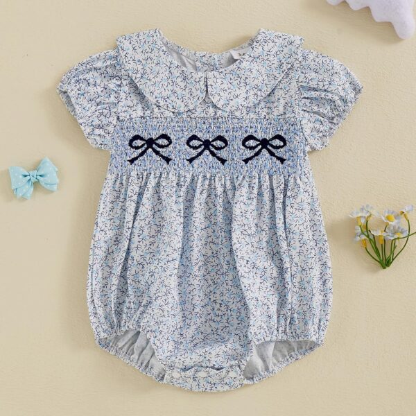 Infant Baby Girls Romper Bowknot Embroidered Floral Doll Collar Short Sleeve Jumpsuits Summer Clothes - Image 2