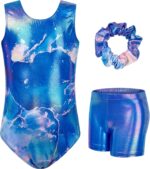 JiAmy Gymnastics Leotards for Girls with Shorts Set, 3Pcs Kids Gymnastics Athletic Outfit, Sleeveless Ballet Dancewear for Kids 3-12 Years