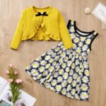 Naiyafly Baby Girl Dress With Cardigan Clothes Set Toddler Girls Long Sleeve Bow Button Cardigan + Sundress Suit Kids Knitted Cropped Sweaters Tops Dress 2 Piece Outfits 1-5 Years - Image 4