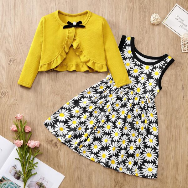 Naiyafly Baby Girl Dress With Cardigan Clothes Set Toddler Girls Long Sleeve Bow Button Cardigan + Sundress Suit Kids Knitted Cropped Sweaters Tops Dress 2 Piece Outfits 1-5 Years - Image 4