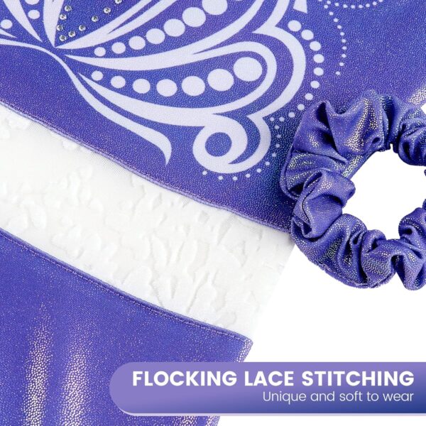 JiAmy Gymnastics Leotards for Girls with Shorts Scrunchie Rhinestones Printed Splice Flocking Shiny Kids Gymnastics Outfits for 3-12 Years - Image 5