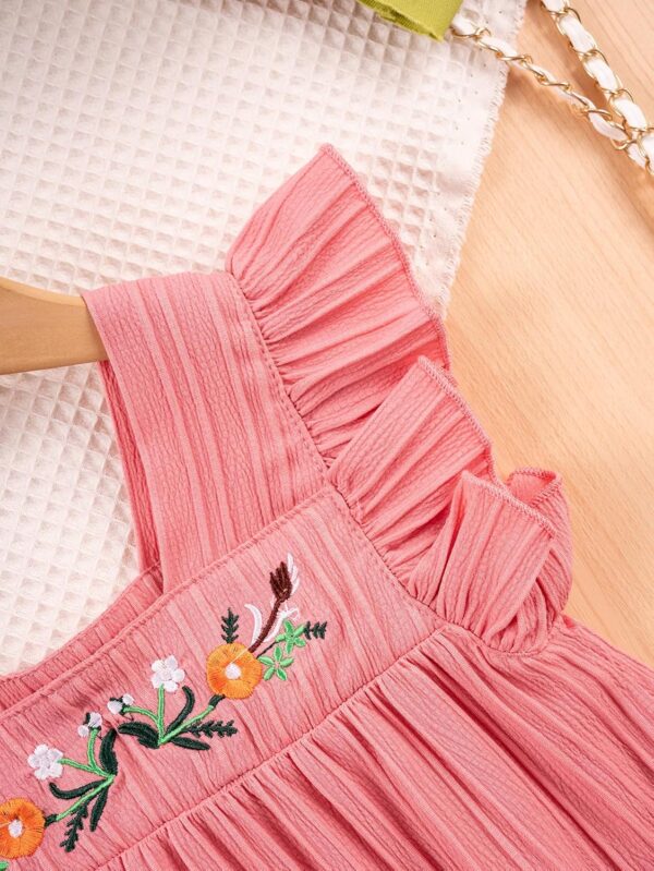 JiAmy Girl Dress Flowers Embroidery Flutter Sleeve Toddler Dresses Square Neck Ribbed Casual Clothes for 1-7 Year Old - Image 3