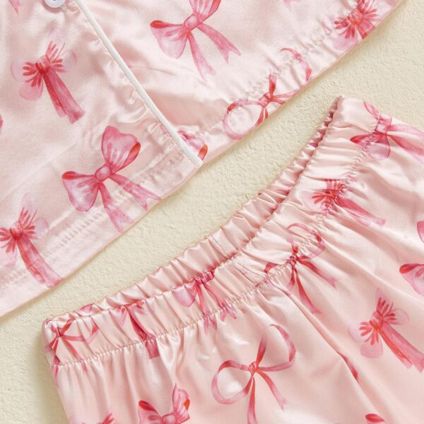 MAHUAOYIXI Toddler Kids Girls Summer Satin Pajamas Outfits Short Sleeve Watermelon Print Lapel Button Down Shirts Top with Elastic Waist Shorts Sets 2Pcs Sleepwear - Image 6